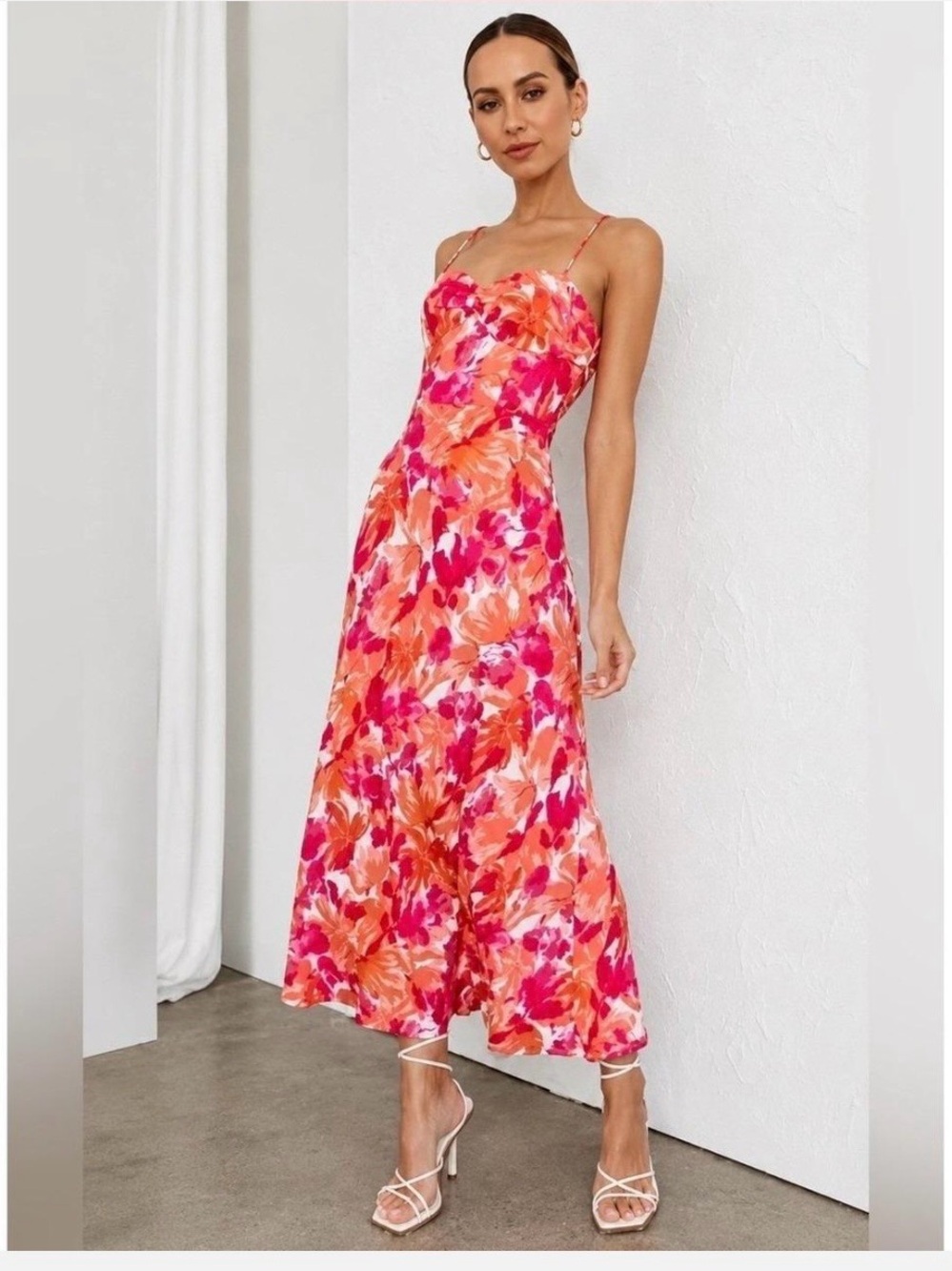 Jessica Simpson Pink & Orange Floral Spaghetti-Strap Midi Dress